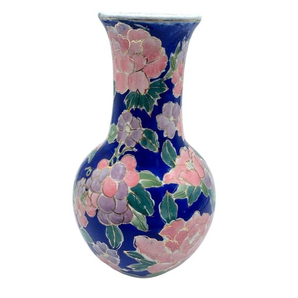Hand-Painted Pink Floral on Blue Ceramic Gold Paint Accent Vase Chinese 8.25" H - Picture 1 of 6